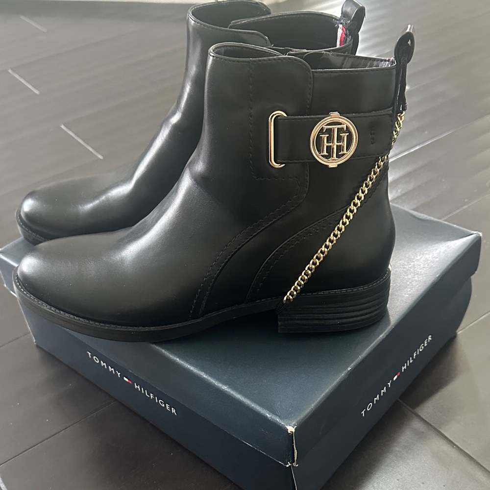 Tommy Hilfiger Black Ankle Booties with Gold Accent